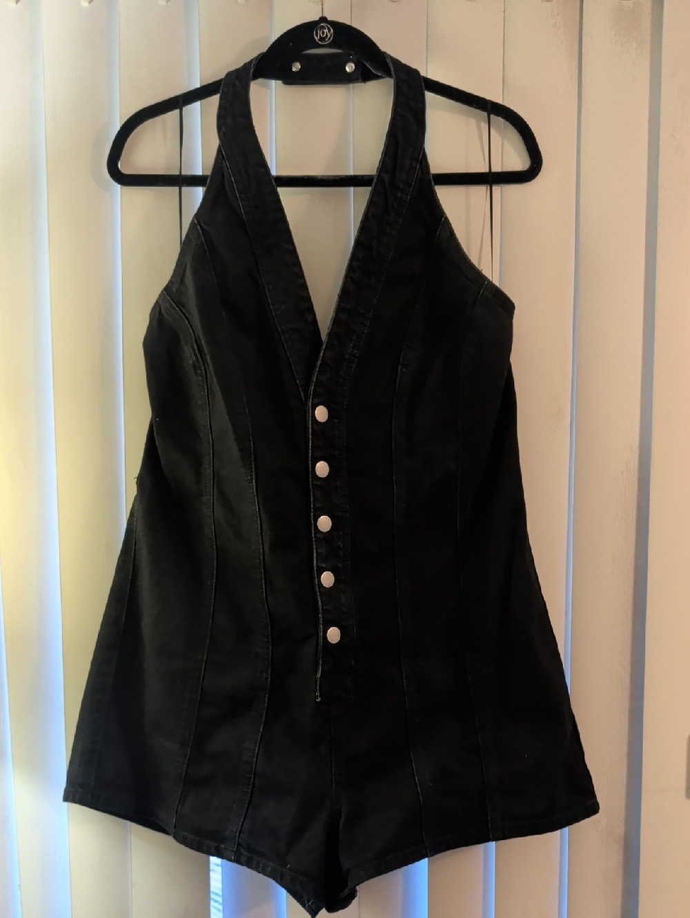 Black Denim Halter Romper with Button Front